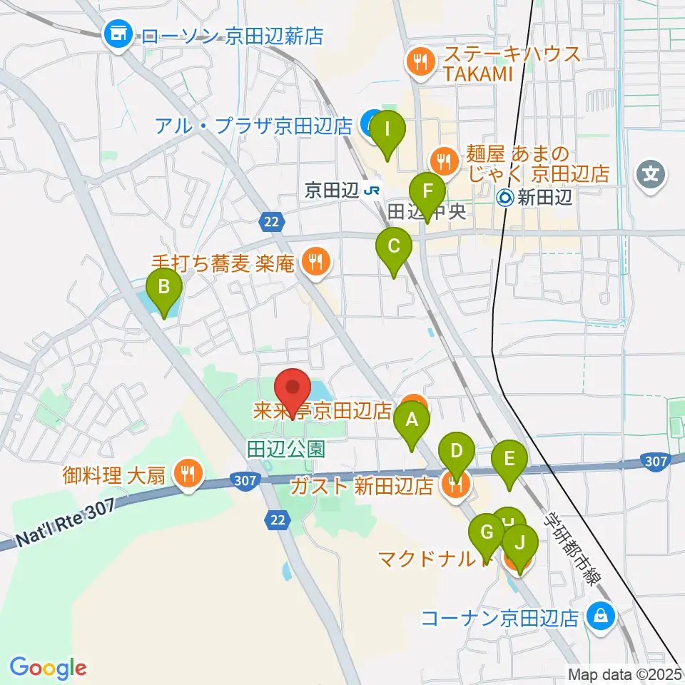 京田辺市田辺中央体育館周辺のカフェ一覧地図