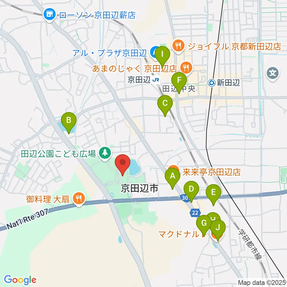 京田辺市田辺中央体育館周辺のカフェ一覧地図