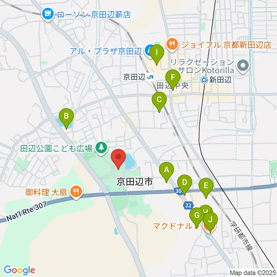 京田辺市田辺中央体育館周辺のカフェ一覧地図