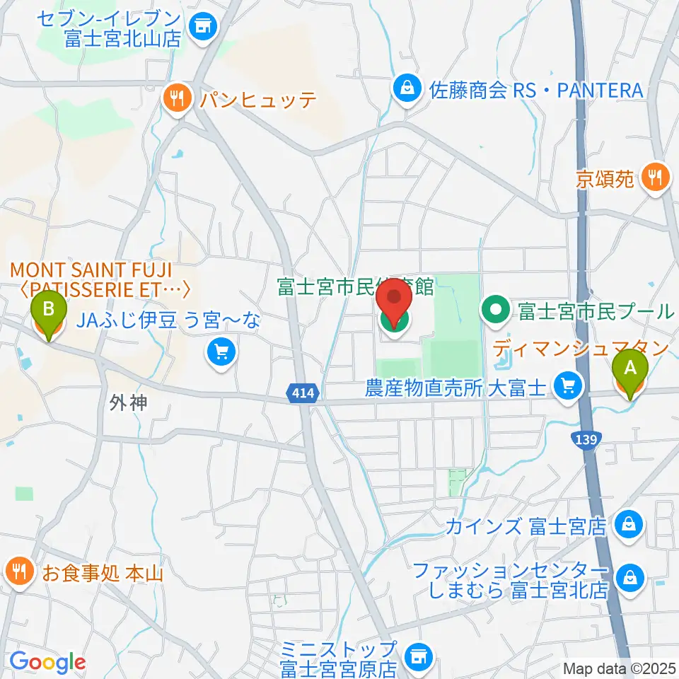 富士宮市民体育館周辺のカフェ一覧地図