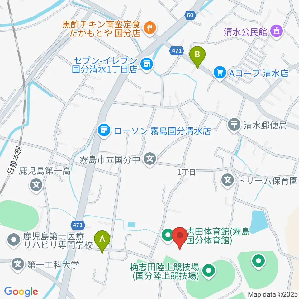 桷志田体育館周辺のカフェ一覧地図