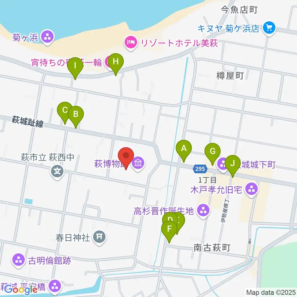萩博物館周辺のカフェ一覧地図