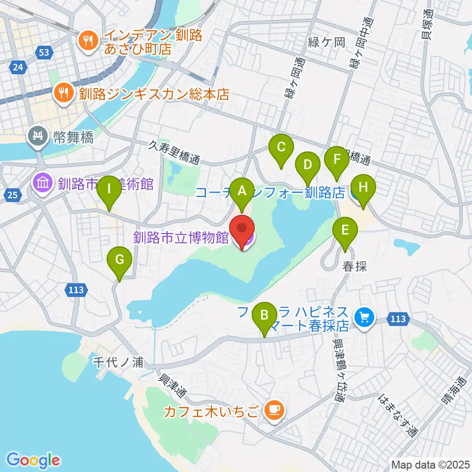 釧路市立博物館周辺のカフェ一覧地図