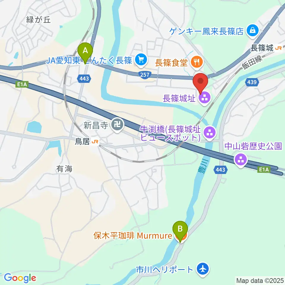 長篠城址史跡保存館周辺のカフェ一覧地図