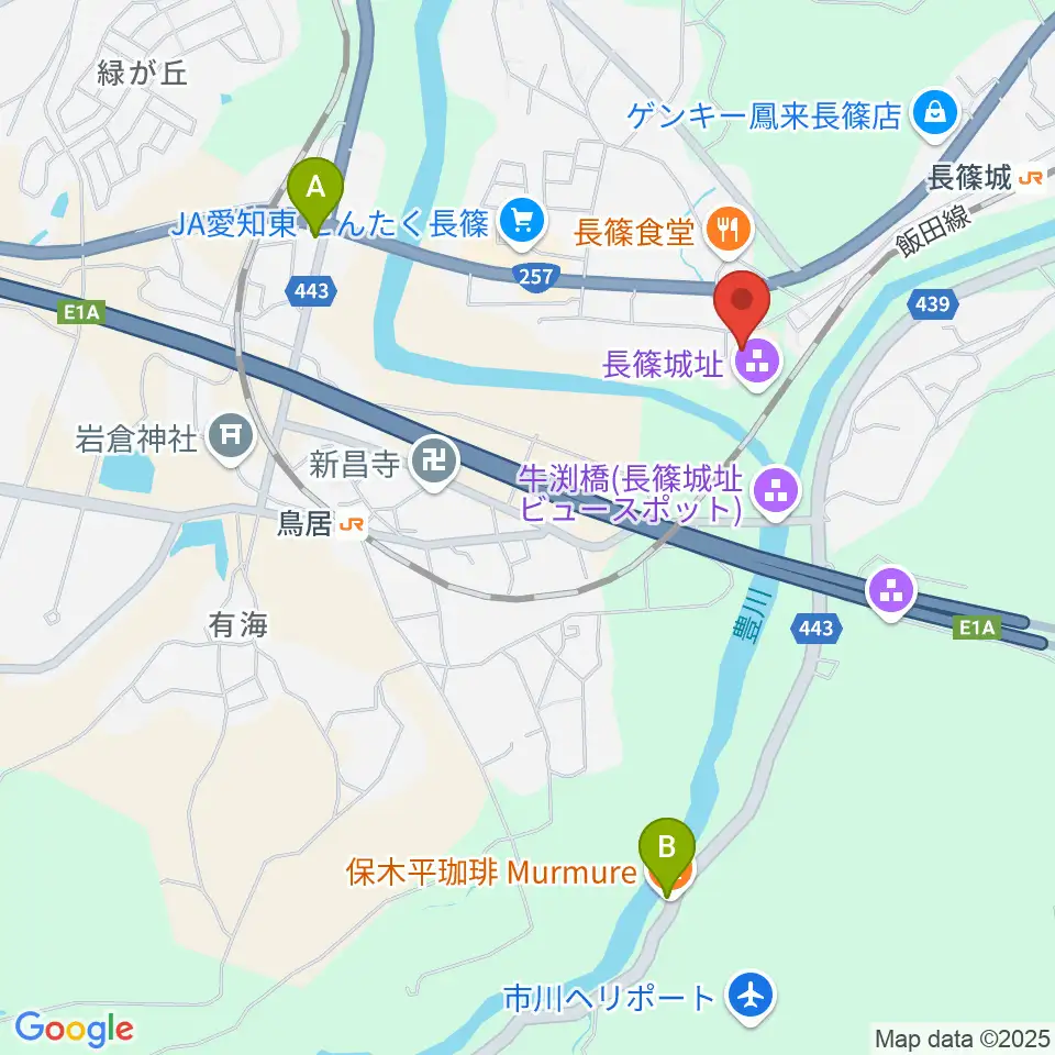 長篠城址史跡保存館周辺のカフェ一覧地図