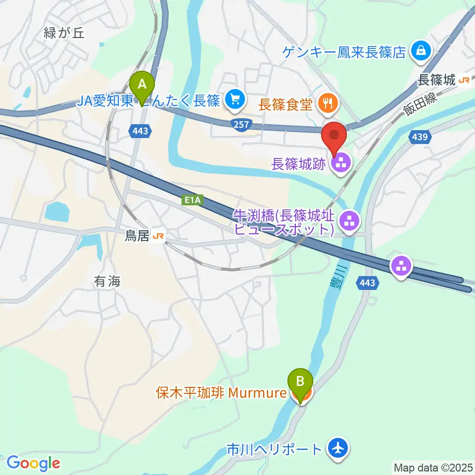 長篠城址史跡保存館周辺のカフェ一覧地図