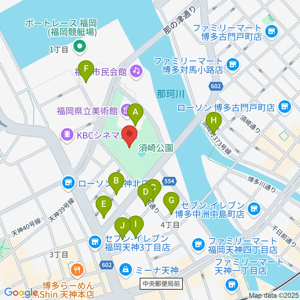 福岡市民ホール周辺のカフェ一覧地図