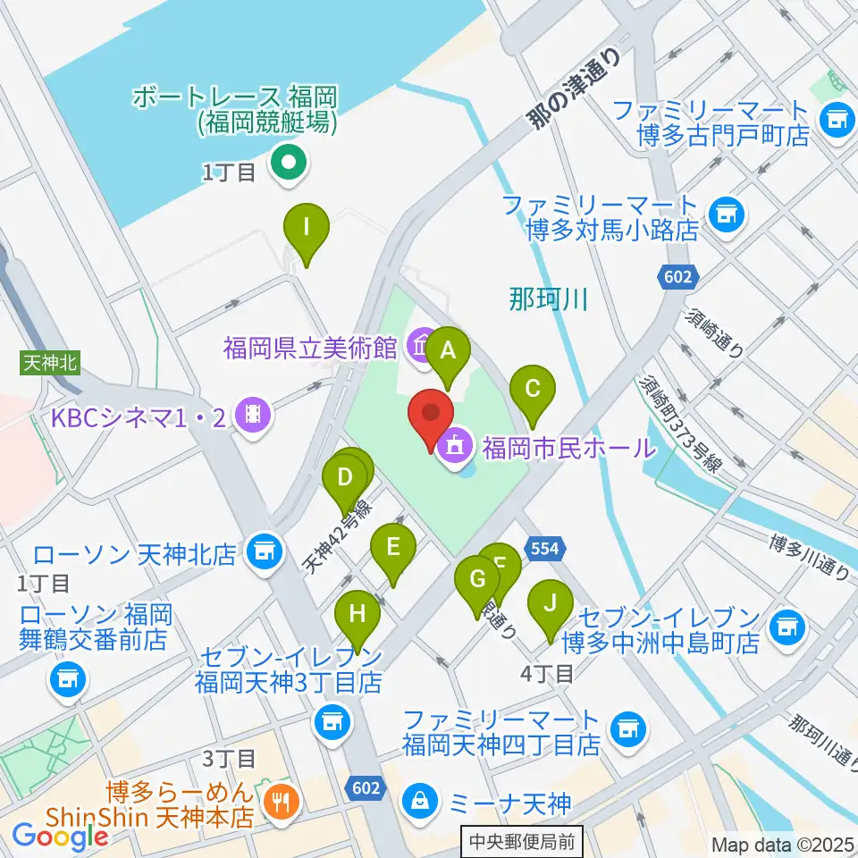 福岡市民ホール周辺のカフェ一覧地図