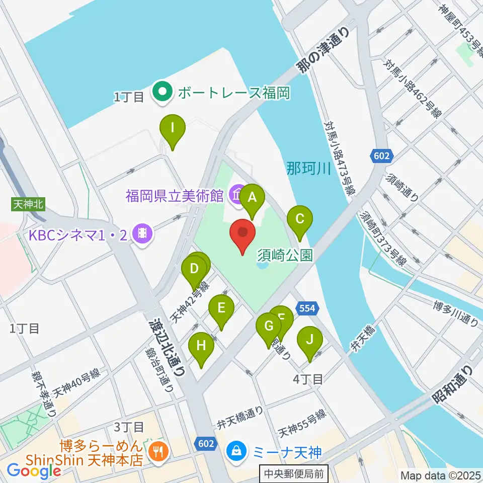 福岡市民ホール周辺のカフェ一覧地図