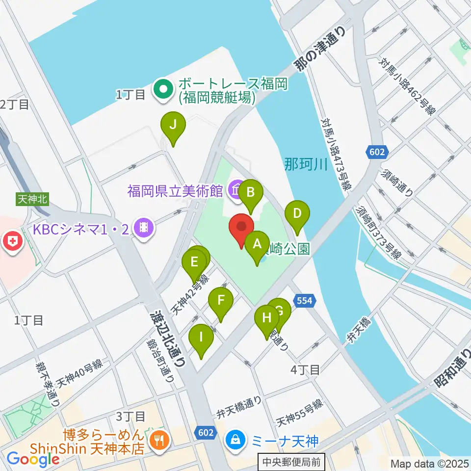 福岡市民ホール周辺のカフェ一覧地図