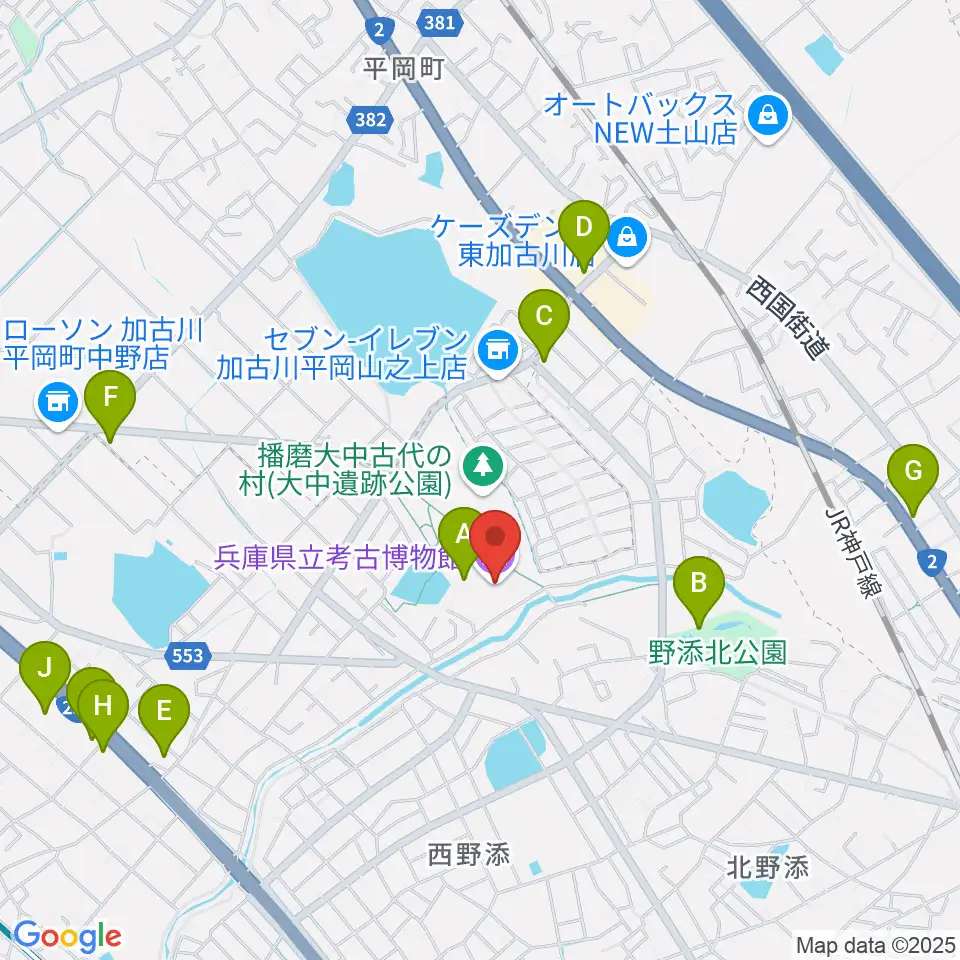 兵庫県立考古博物館周辺のカフェ一覧地図