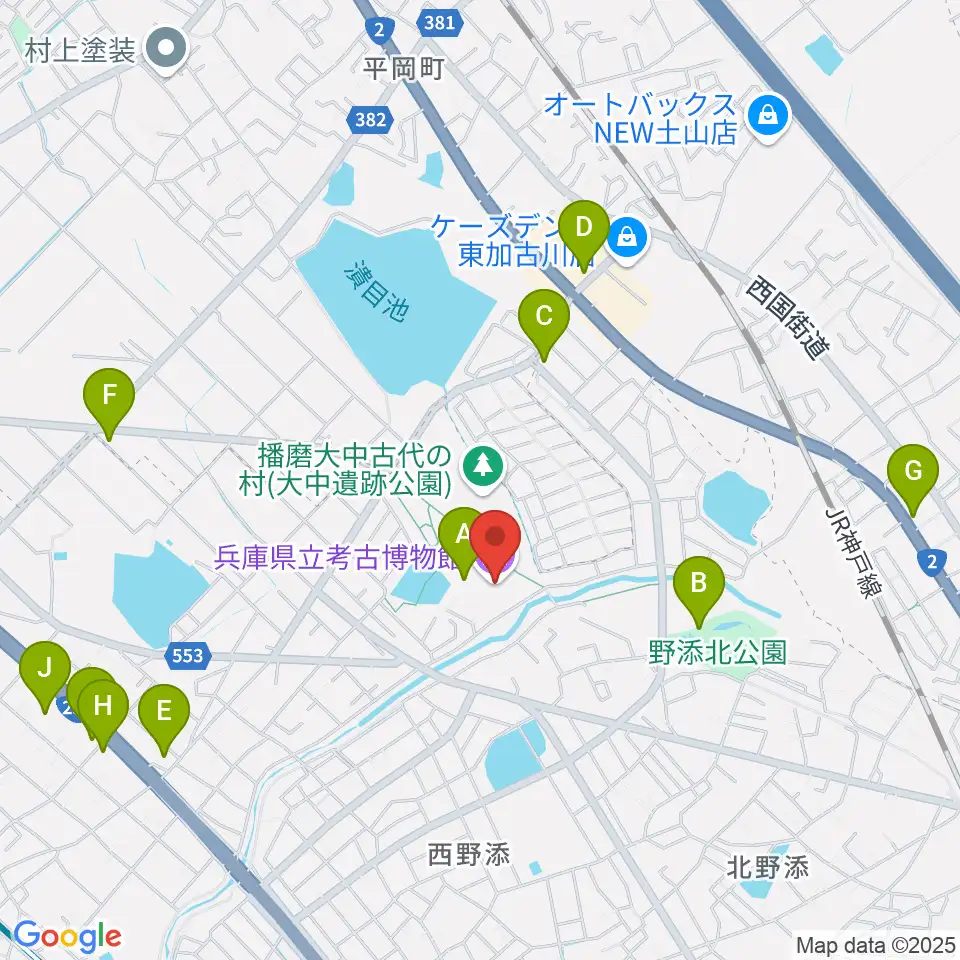 兵庫県立考古博物館周辺のカフェ一覧地図