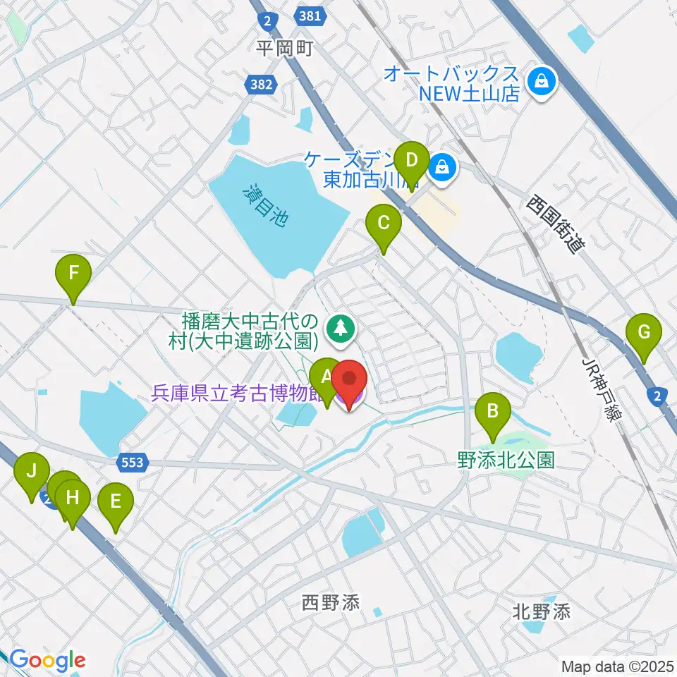 兵庫県立考古博物館周辺のカフェ一覧地図