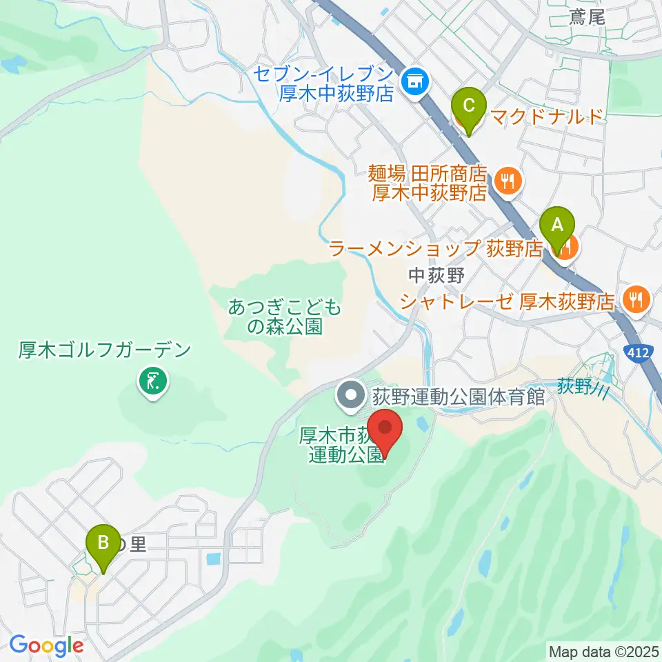 荻野運動公園競技場周辺のカフェ一覧地図