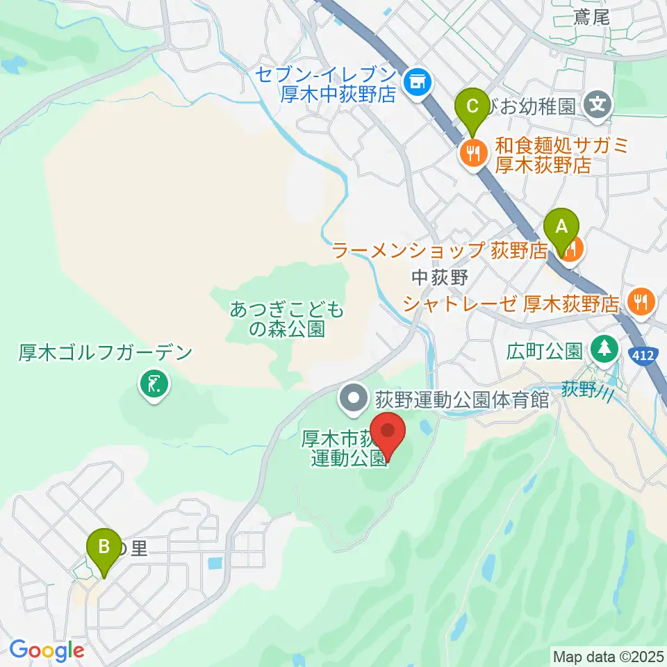 荻野運動公園競技場周辺のカフェ一覧地図