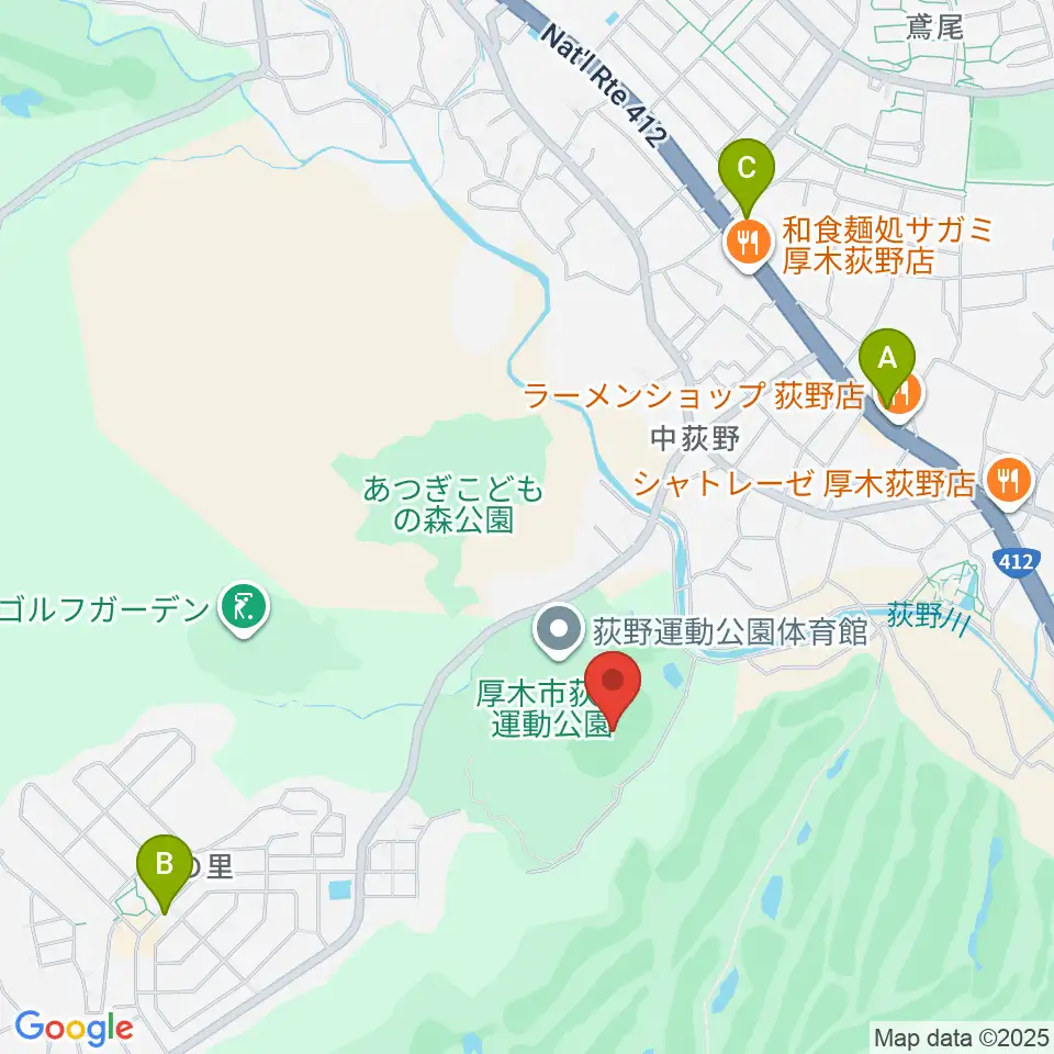 荻野運動公園競技場周辺のカフェ一覧地図