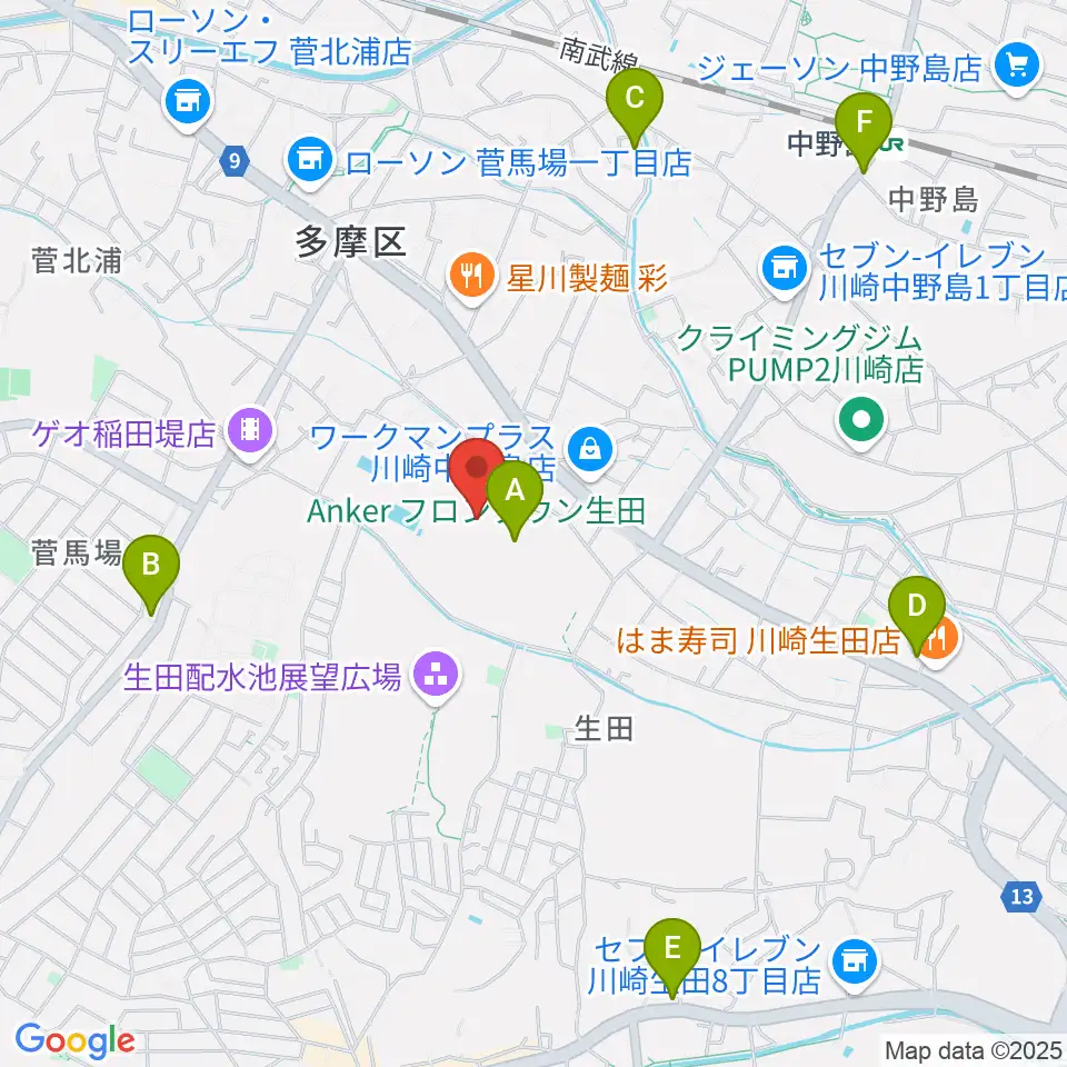 Anker フロンタウン生田周辺のカフェ一覧地図