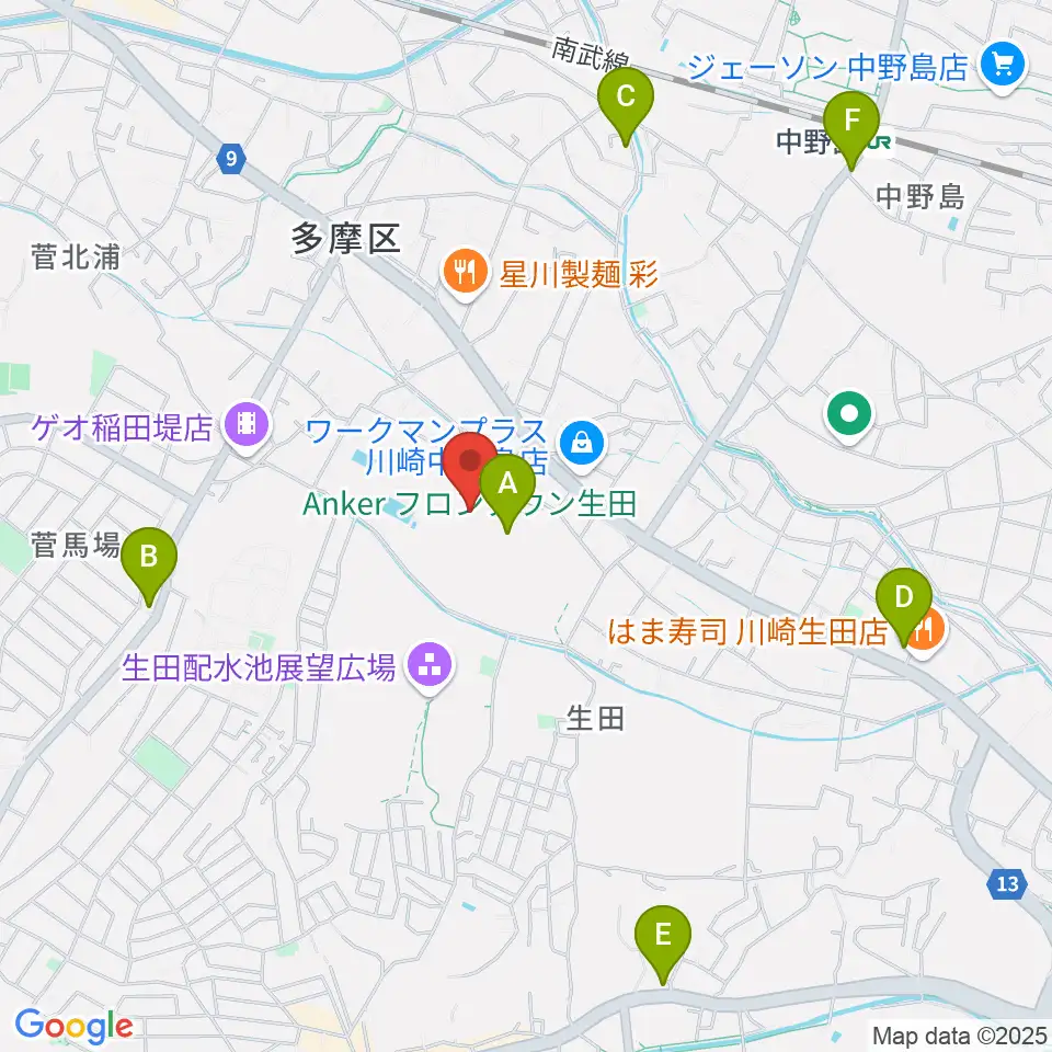 Ankerフィールド周辺のカフェ一覧地図