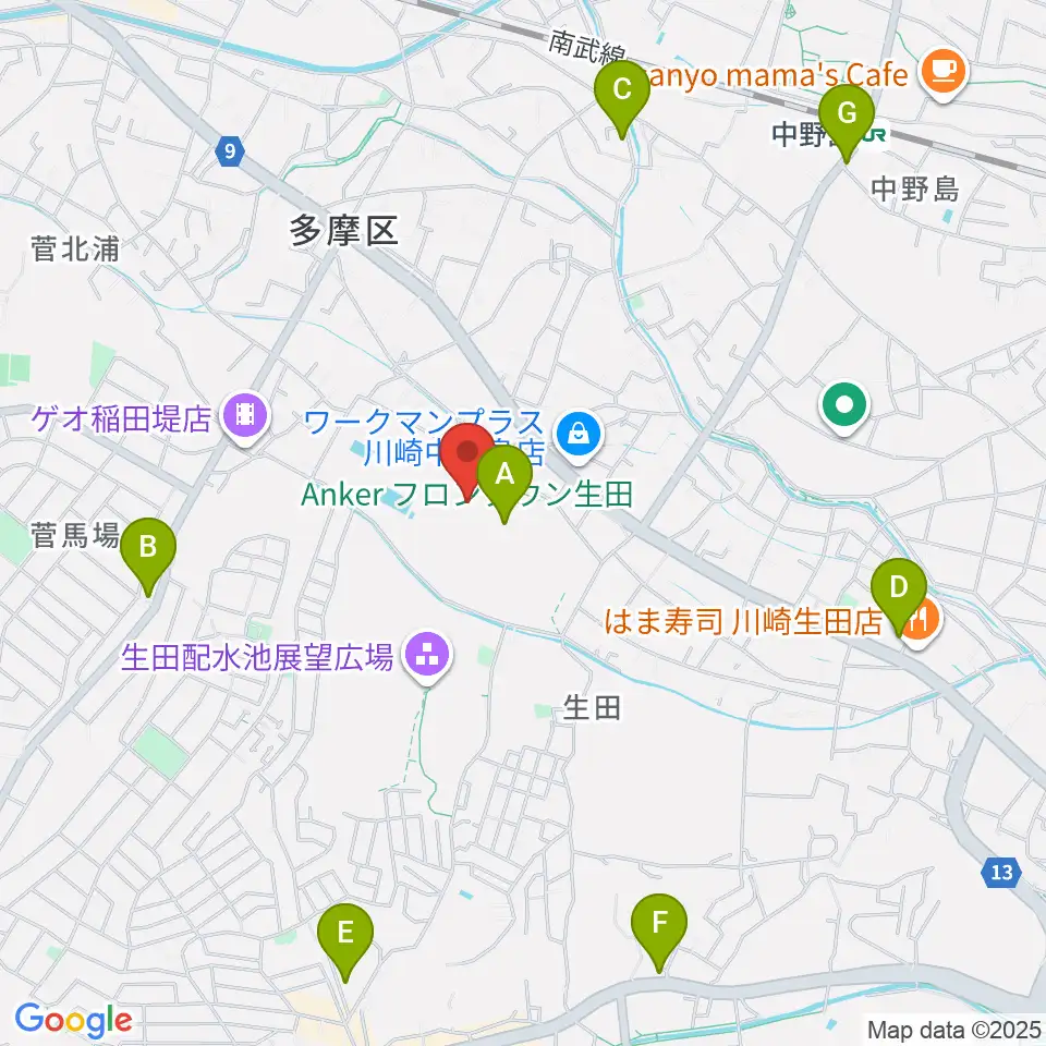 Ankerフィールド周辺のカフェ一覧地図