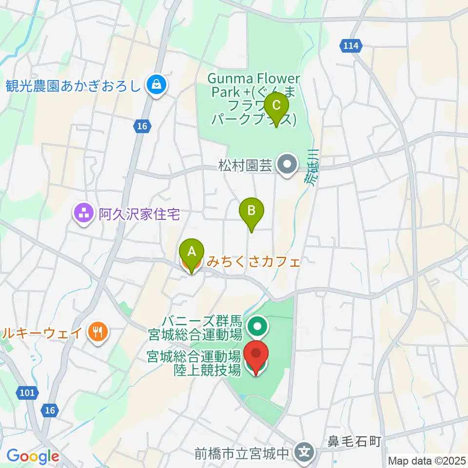 バニーズ群馬宮城総合運動場競技場周辺のカフェ一覧地図