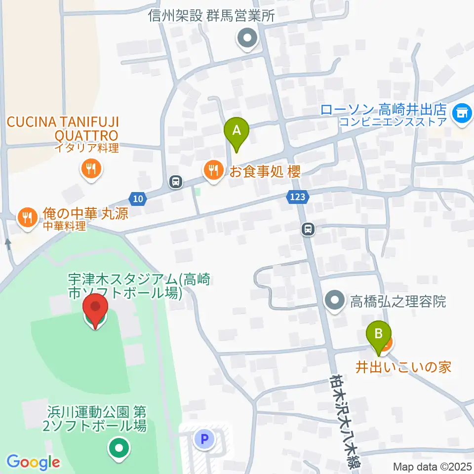宇津木スタジアム周辺のカフェ一覧地図