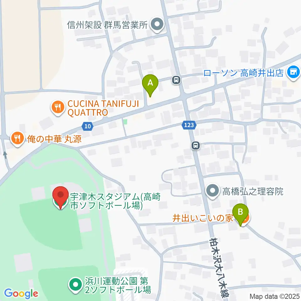 宇津木スタジアム周辺のカフェ一覧地図