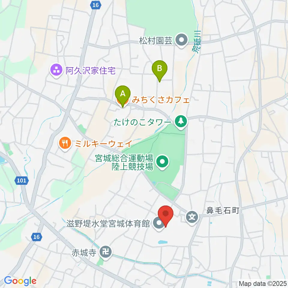 滋野堤水堂宮城体育館周辺のカフェ一覧地図