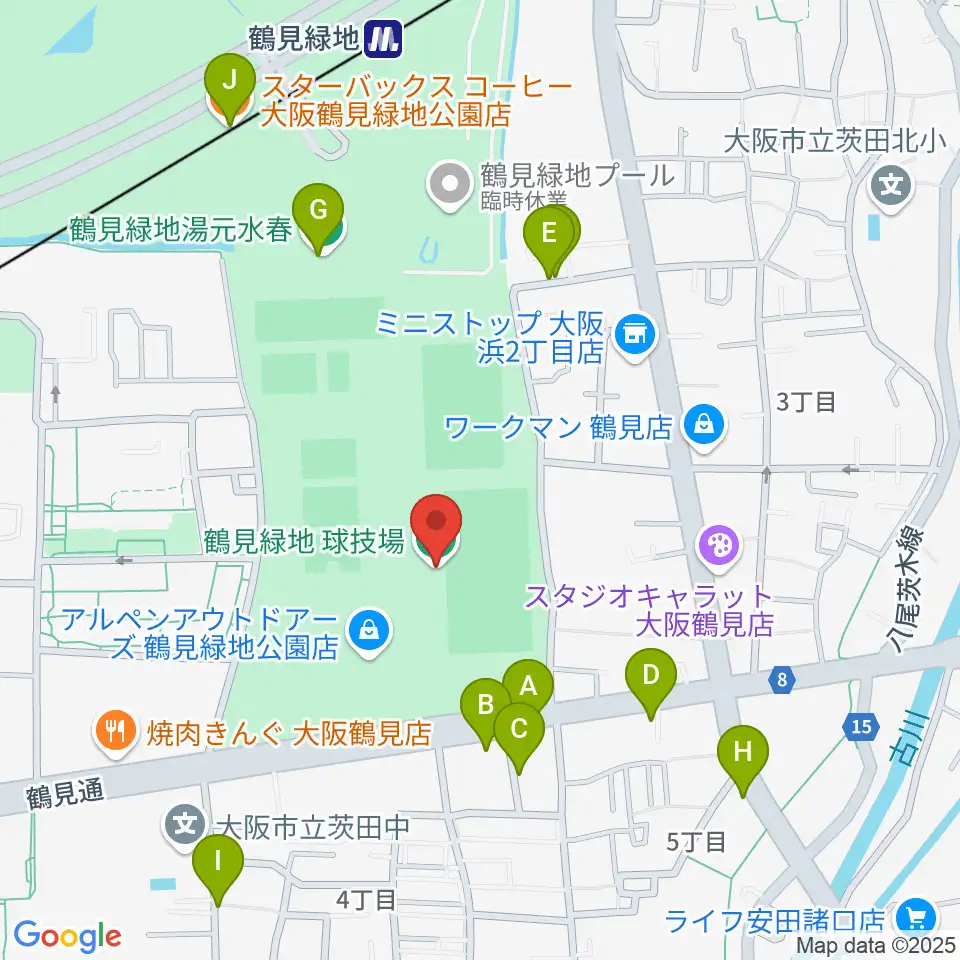 鶴見緑地球技場周辺のカフェ一覧地図