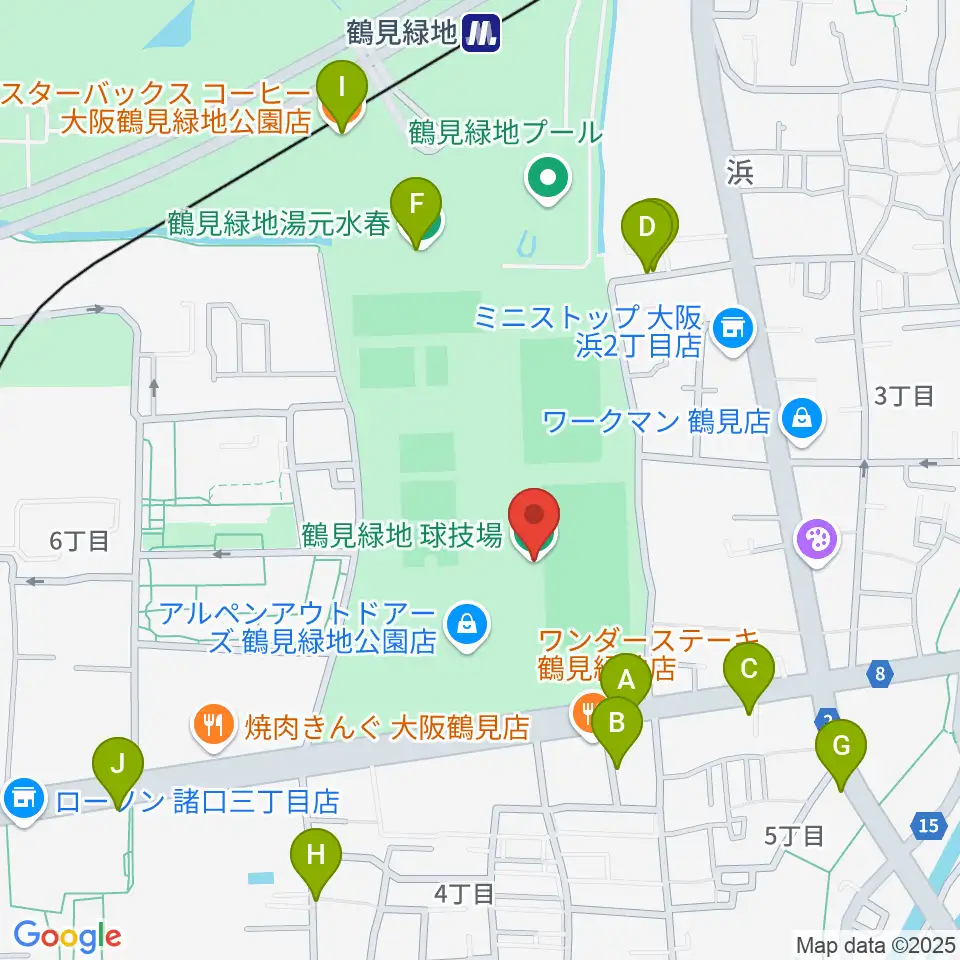 鶴見緑地球技場周辺のカフェ一覧地図