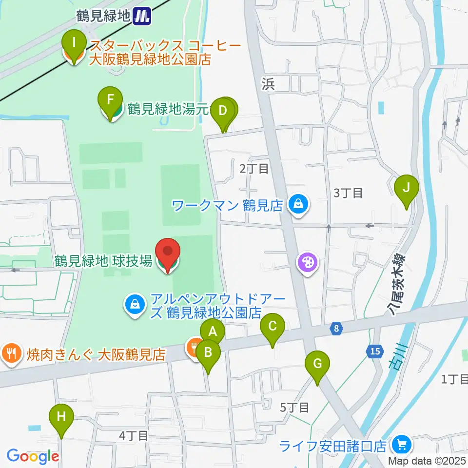 鶴見緑地球技場周辺のカフェ一覧地図
