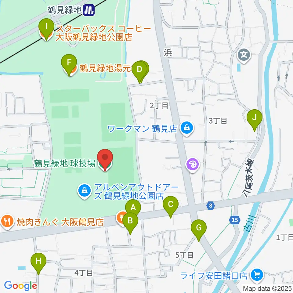 鶴見緑地球技場周辺のカフェ一覧地図