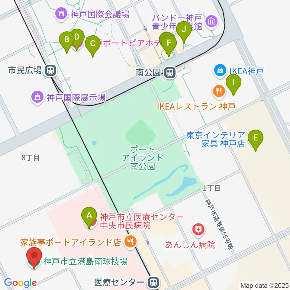 神戸市立港島南球技場周辺のカフェ一覧地図
