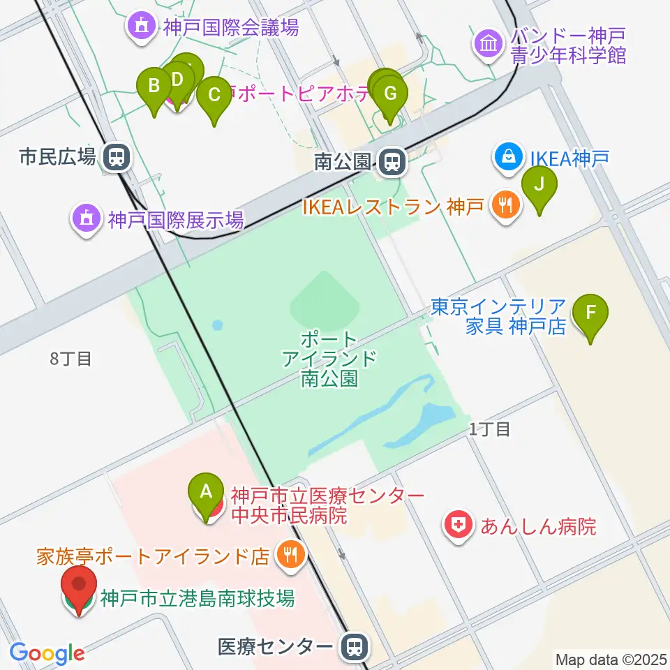 神戸市立港島南球技場周辺のカフェ一覧地図