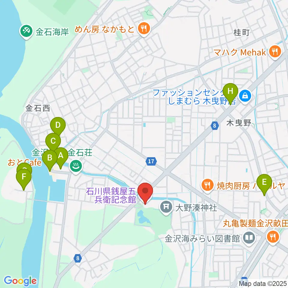 石川県銭屋五兵衛記念館周辺のカフェ一覧地図