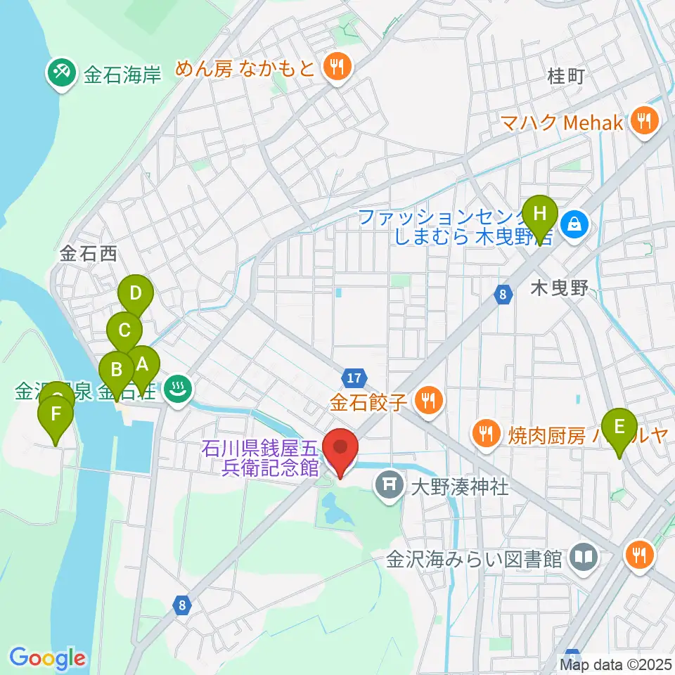 石川県銭屋五兵衛記念館周辺のカフェ一覧地図
