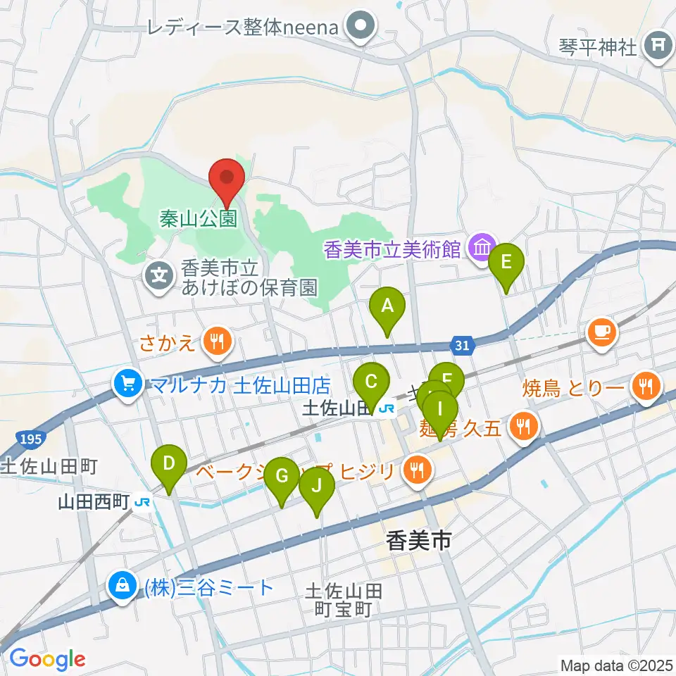 香美市秦山公園野球場周辺のカフェ一覧地図