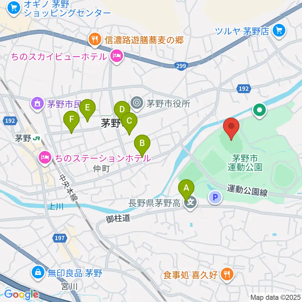 茅野市運動公園陸上競技場周辺のカフェ一覧地図