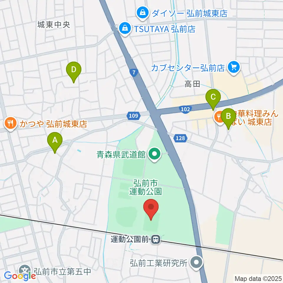 弘前市運動公園球技場周辺のカフェ一覧地図
