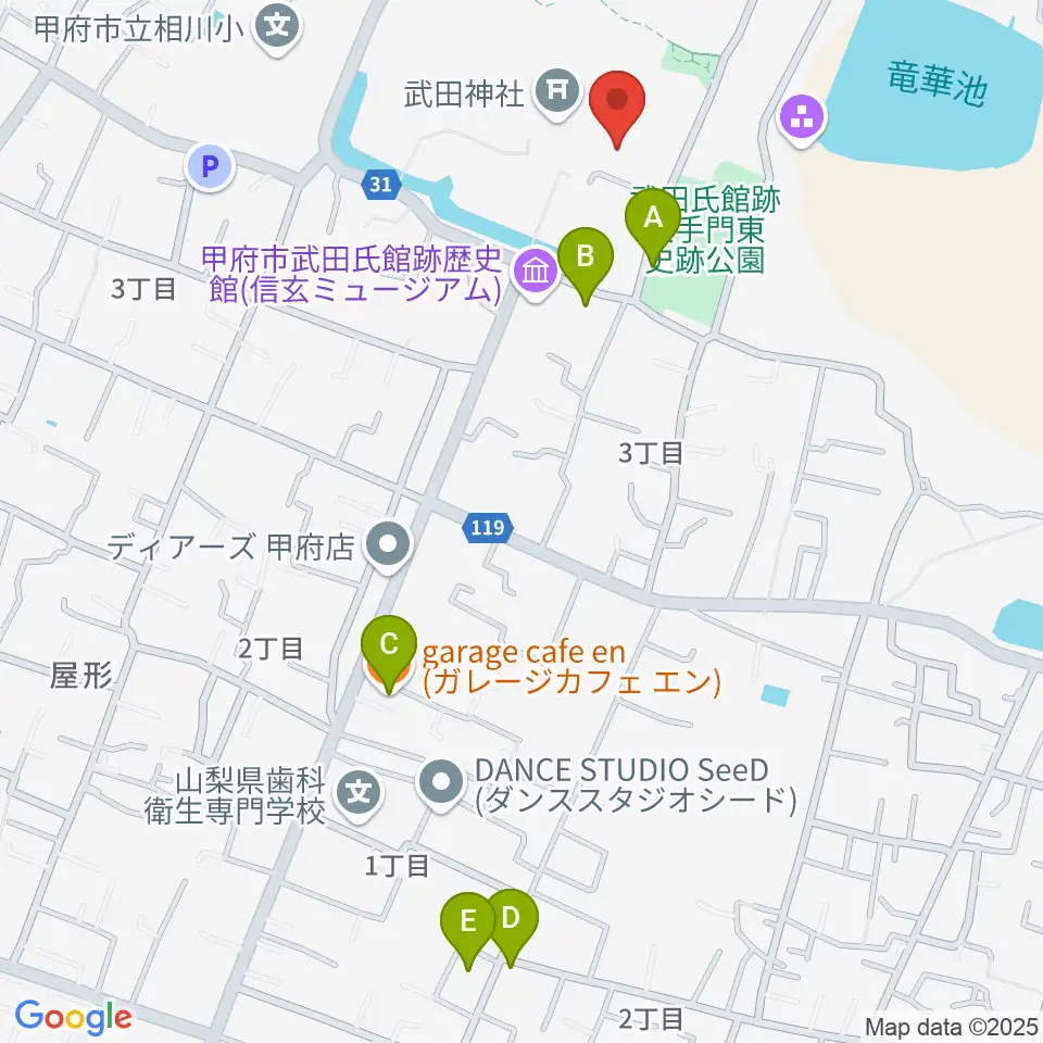 武田神社宝物殿周辺のカフェ一覧地図