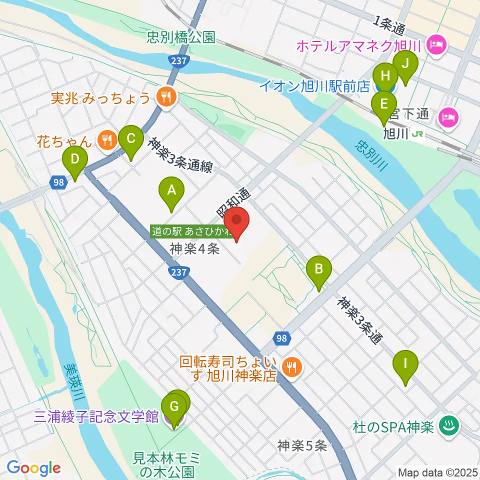 旭川市博物館周辺のカフェ一覧地図