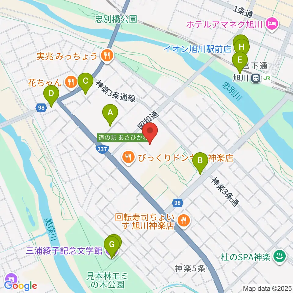 旭川市博物館周辺のカフェ一覧地図