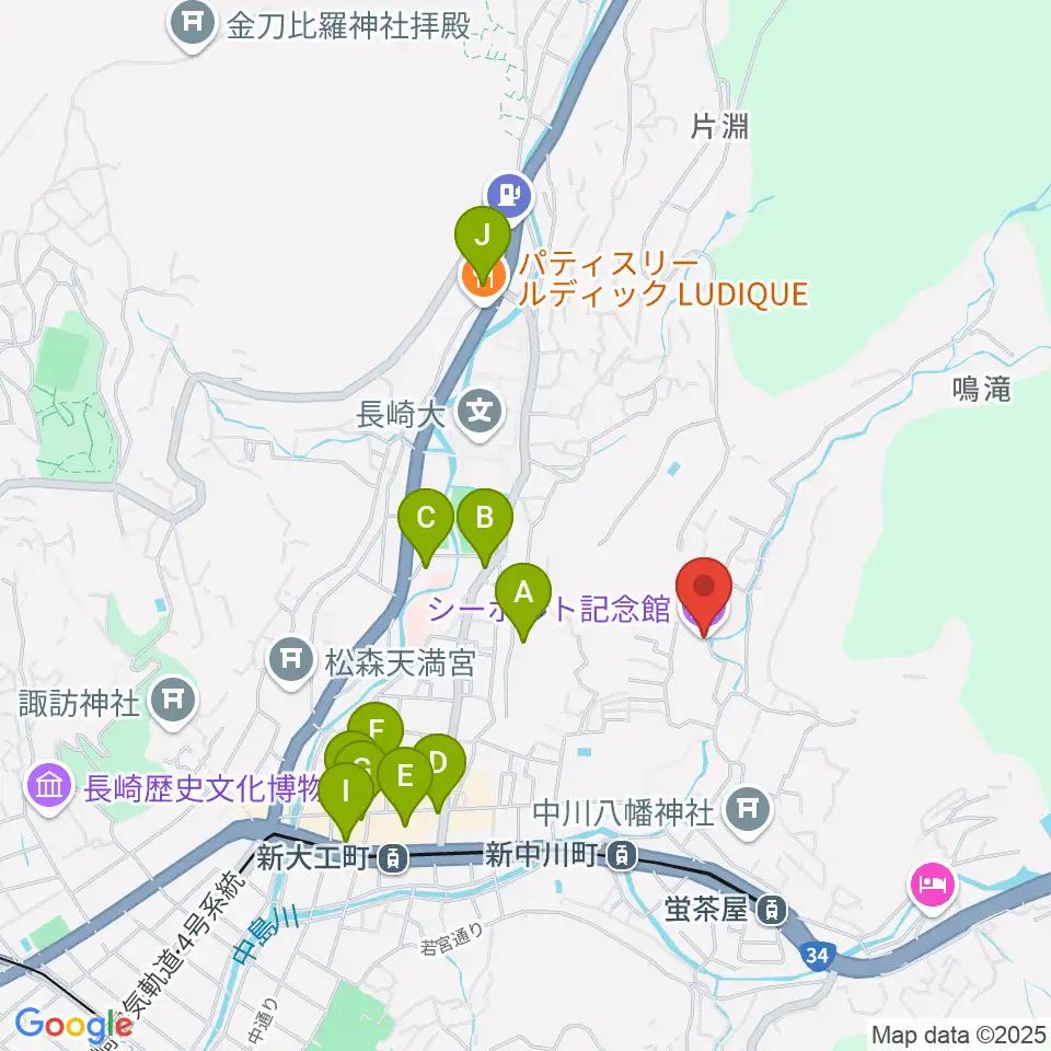 シーボルト記念館周辺のカフェ一覧地図