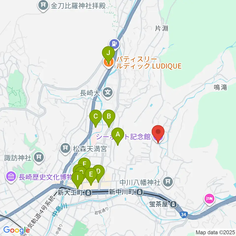 シーボルト記念館周辺のカフェ一覧地図