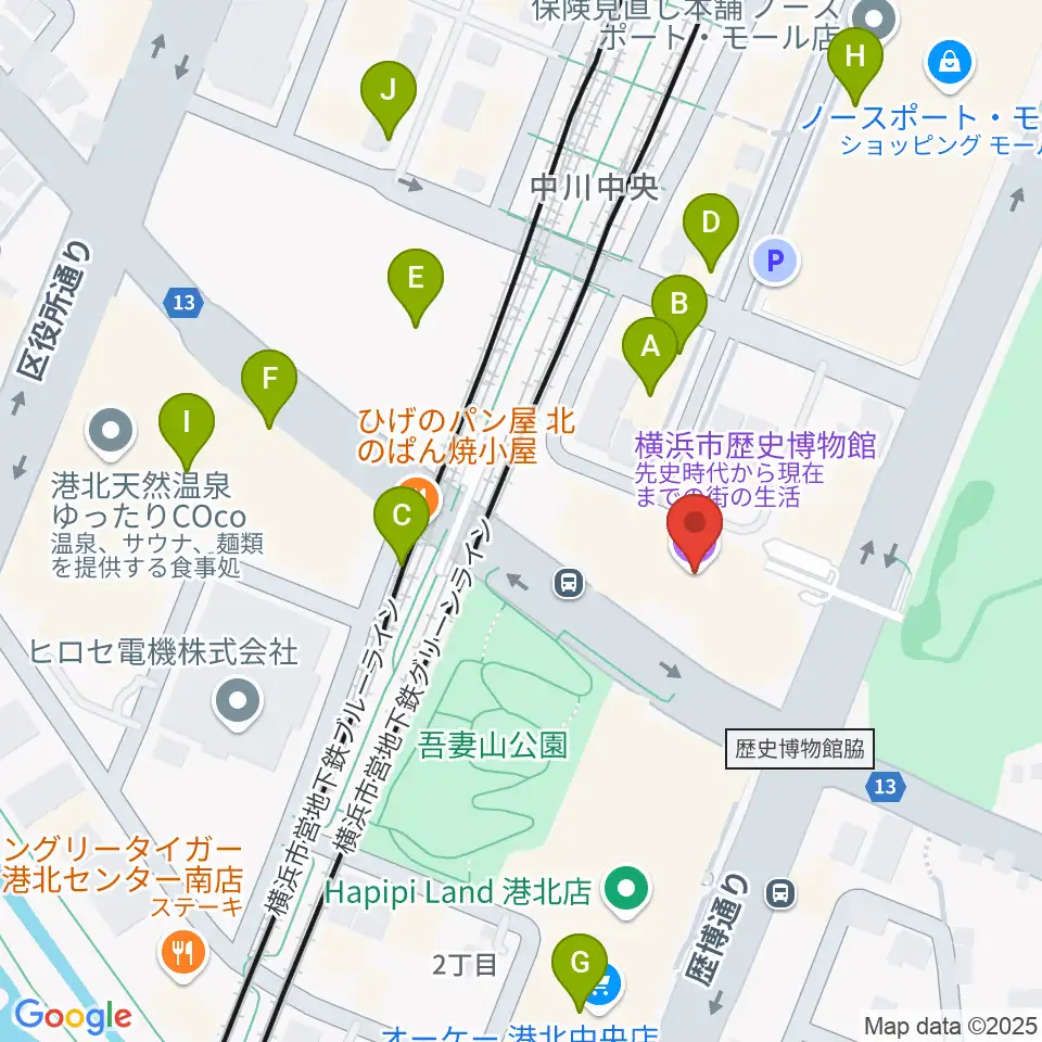 横浜市歴史博物館周辺のカフェ一覧地図