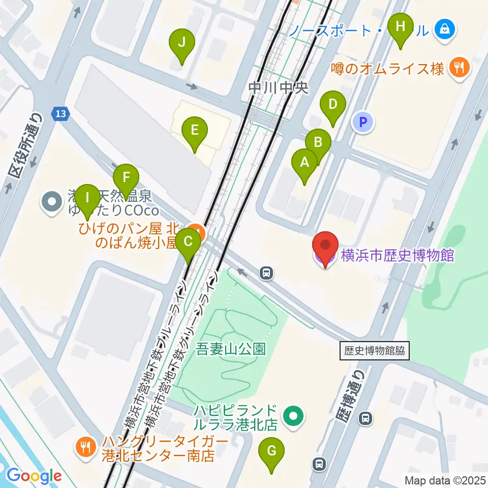 横浜市歴史博物館周辺のカフェ一覧地図