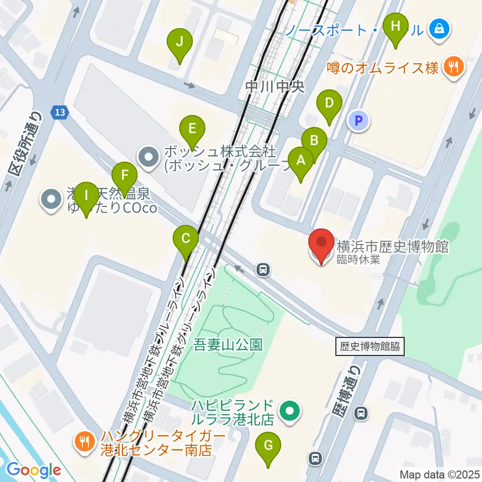 横浜市歴史博物館周辺のカフェ一覧地図