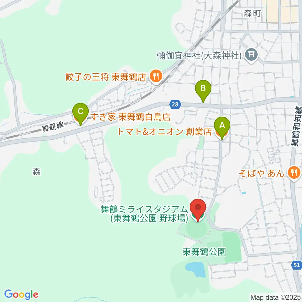 舞鶴ミライスタジアム周辺のカフェ一覧地図