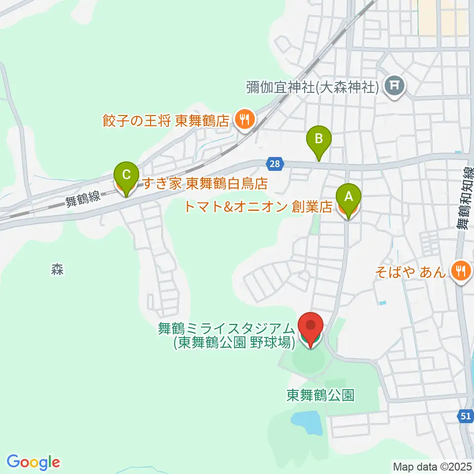 舞鶴ミライスタジアム周辺のカフェ一覧地図