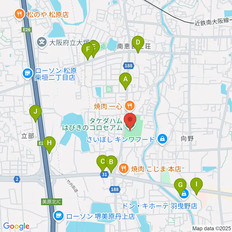 タケダハムはびきのコロセアム周辺のカフェ一覧地図