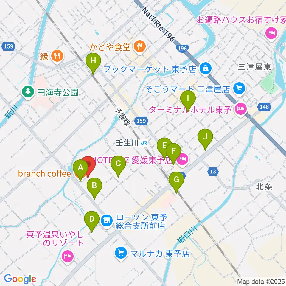 西条市立東予郷土館周辺のカフェ一覧地図